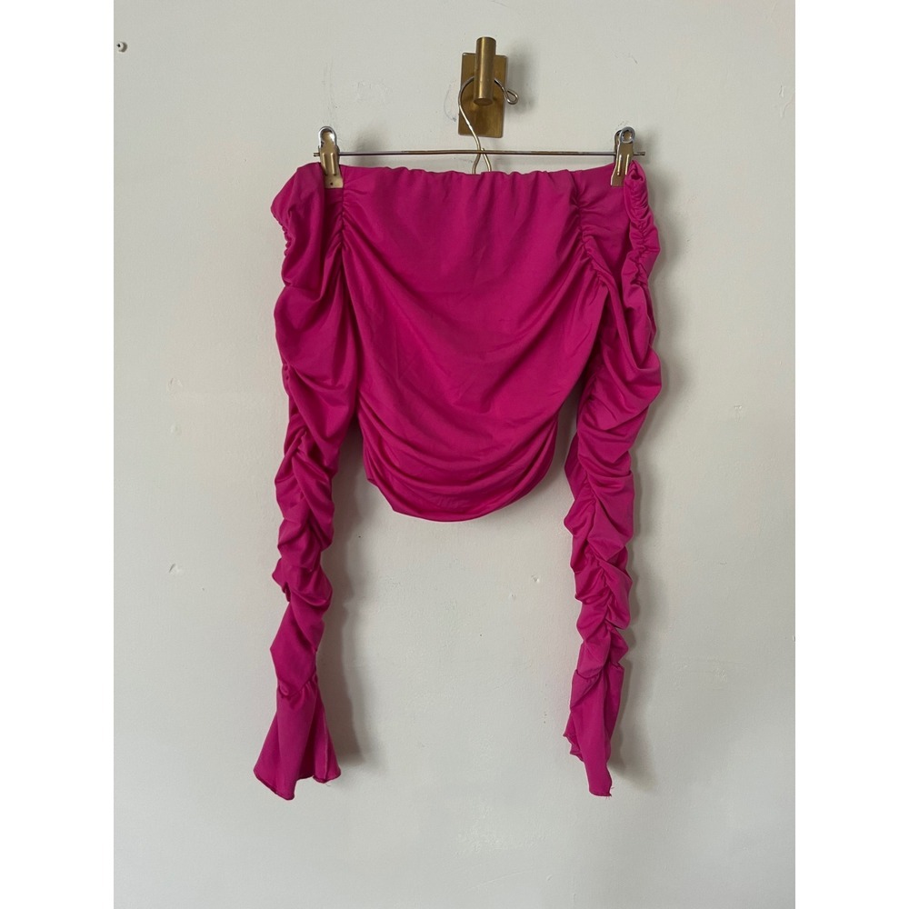 Forever 21 Womens Hot Pink Ruched Off The Shoulder Long Sleeve Crop Top Size M